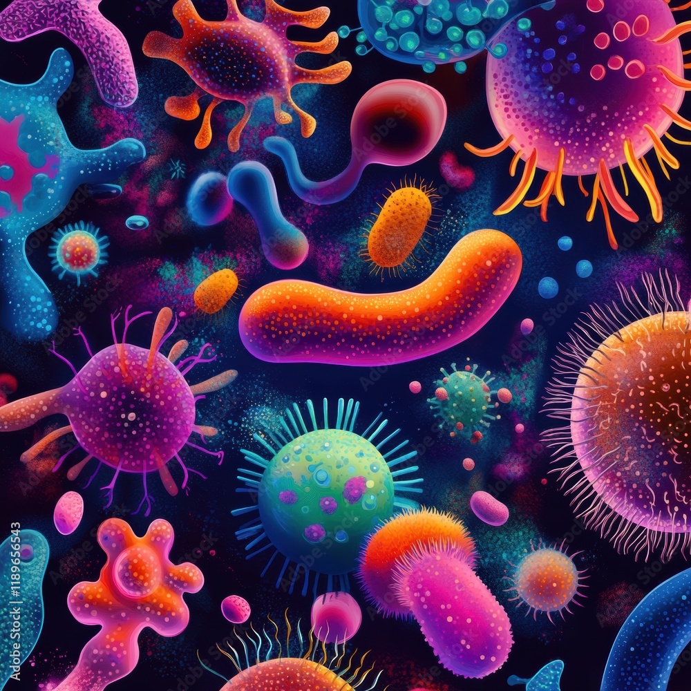 Aufkleber illustration showcasing diverse microscopic microbes in vibrant colors and intricate textures. gener