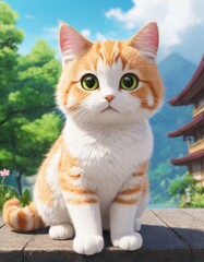 Animated orange and white cat with large green eyes standing outdoors.