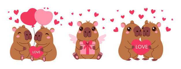 Three cute brown animals holding a heart and a balloon. The animals are hugging each other and one of them is holding a gift. Concept of love and affection