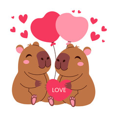 Two brown capybara holding a heart and balloons. The bears are hugging and the balloons are pink. The image is a cute and heartwarming scene of love