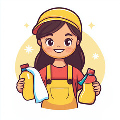 Cartoon cleaner girl holding a cloth and cleaning spray bottles, vector flat icon illustration, modern line icon for advertisement or logo, cleaning service
