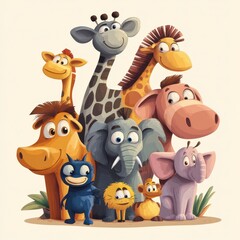 Naklejka premium Happy Cartoon Animals Gather Together In A Group