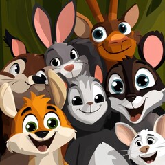 Fototapeta premium Happy Cartoon Animals Group Hugging Together
