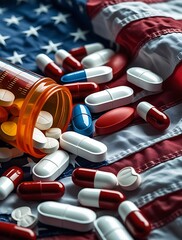 Impact of Prescription Drug Crisis in the United States Highlighted by Pills, Capsules, and Medicine Bottle on an American Flag Background Representing Healthcare and Pharmaceutical Challenges

