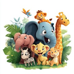 Naklejka premium Adorable African Animals Gather Joyfully In Lush Foliage