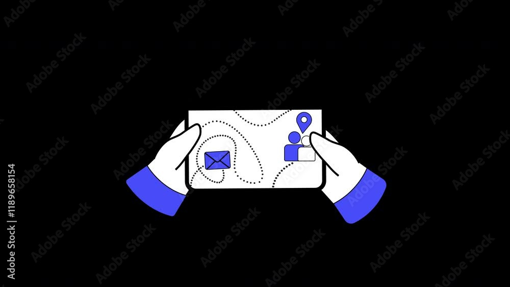 Wall mural hands holding a card with icons like a location pin and message, representing communication and navi