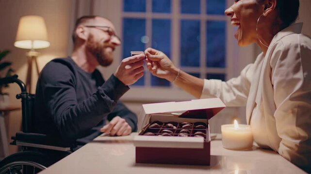 couple enjoying a cozy moment, sharing chocolates by candlelight in a romantic setting.