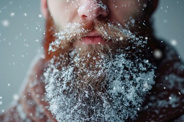 Snowflakes falling and resting on a red haired man's beard during winter snowfall, creating a seasonal and festive atmosphere