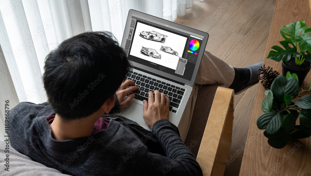 Poster electric car design software on computer screen showing simulation blueprint snugly by digital calcu