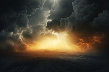 Obraz premium Golden sunset illuminating mountain range under an intense and dramatic cloudscape, creating a breathtaking and awe inspiring natural spectacle