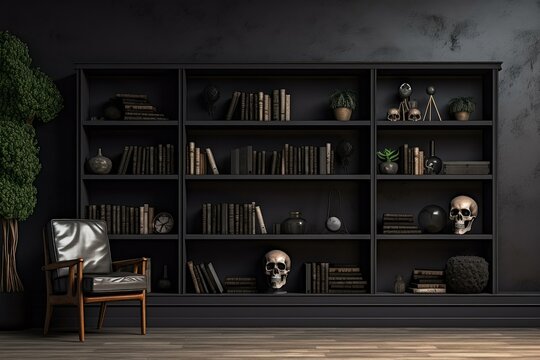 Interior design showcasing a black library with skulls, books, and a leather armchair, evoking a gothic and mysterious atmosphere