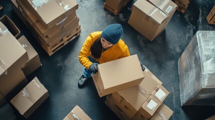 Above table top view of female warehouse worker or seller packing ecommerce shipping order box for dispatching, preparing post courier delivery package, dropshipping shipment service concept.