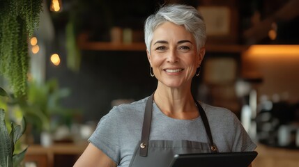 Portrait of a happy waitress standing at restaurant entrance holding digital tablet. Happy mature woman owner in grey apron standing at coffee shop entrance leaning while looking away with copy space.