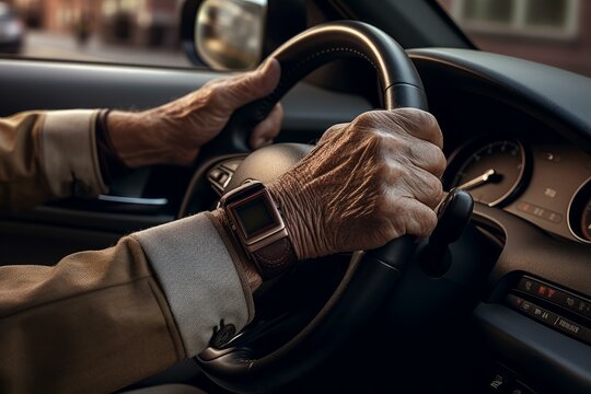 Elderly man driving a car with his hands on the steering wheel, wearing a smartwatch