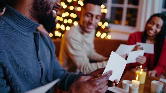 friends gathered around, reading holiday cards in a cozy indoor setting with a Christmas tree in the background.