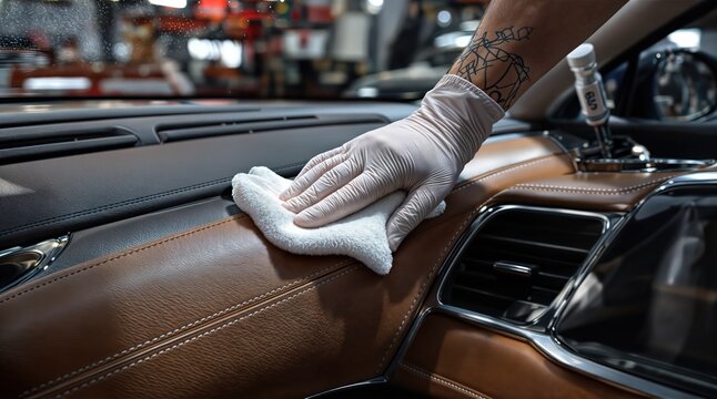 professionelle Autoreinigung in einer Werkstatt - Mann reinigt den Innenraum eines Fahrzeuges mit einem Tuch aus Mikrofaser	