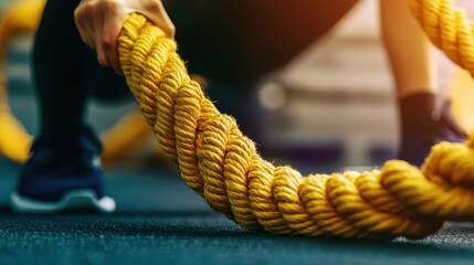 Woman with battle rope battle ropes exercise in the fitness gym. gym, sport, rope, training, athlete, workout, exercises concept