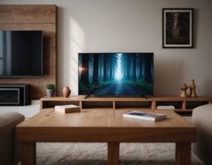 a cozy living room with a modern and minimalist design. In the center, there is a wooden coffee table with a couple of books on it