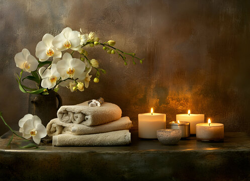 Serene Spa Still Life: Orchids, Candles, and Towels