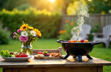 relaxing summer evening in a backyard garden with a grill BBQ, wooden table decorated with flowers, blurred background