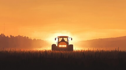 Fototapeta premium A silhouette of a tractor against a vibrant sunset in a rural landscape.