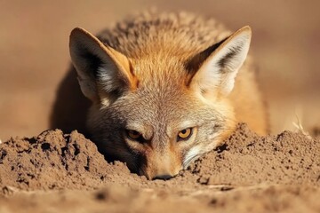 Captivating Portrait of a Fox Probing the Ground, Showcasing Intense Focus and the Beauty of Wild Nature in a Soft Earthy Landscape Under Natural Light