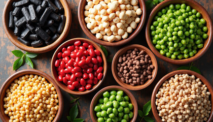 A delightful arrangement of assorted legumes in bowls symbolizing the spirit of World Pulses Day, celebrating diversity and health within the community.