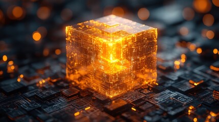 Glowing translucent cube on circuit board.