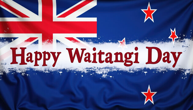 A celebratory Waitangi Day banner with the text 'Happy Waitangi Day' on a vibrant blue background, promoting cultural acknowledgment and festive spirit.