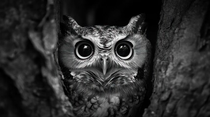 Monochrome owl peering from tree hollow.