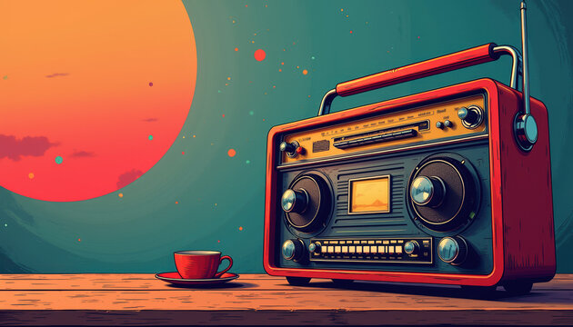 Cool vintage radio with a coffee cup on a table - a joyful banter for World Radio Day.