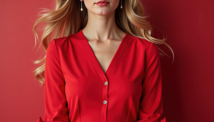Artistic banner for National Wear Red Day featuring an elegant Caucasian woman in red, highlighting the significance of heart health awareness.