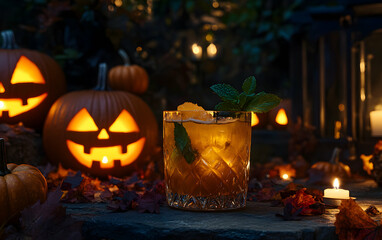 Obraz premium Spooky Halloween Cocktail Night: A Festive Fall Drink Among Jack-o'-lanterns