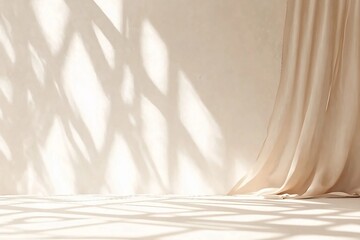 Obraz premium Minimalistic abstract gentle light beige background for product presentation with light and shadow of window curtains on wall.
