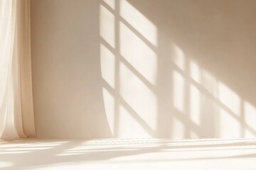Fototapeta premium Minimalistic abstract gentle light beige background for product presentation with light and shadow of window curtains on wall.