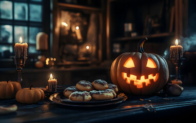 Fototapeta premium Spooky Halloween Night: Jack-o'-lantern, Candles, and Treats