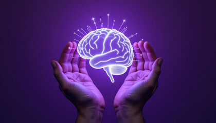 Illustration of a brain glowing in hands on a purple background for International Epilepsy Day, providing space for text and incorporating an impactful message.