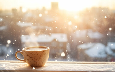Cozy Winter Morning: A Warm Drink by the Snowy Window