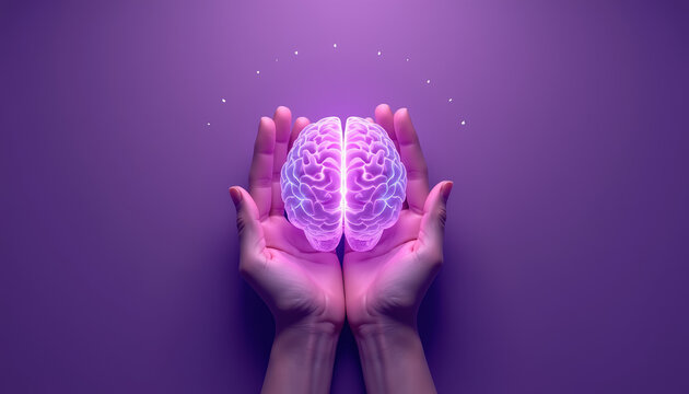 Vibrant illustration of a glowing purple brain held in hands on a soft purple background for International Epilepsy Day, featuring ample space for impactful text