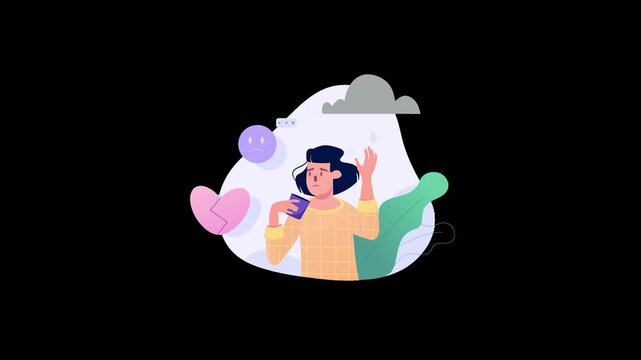 A young person expressing emotions while using a smartphone, surrounded by symbols representing feelings.
