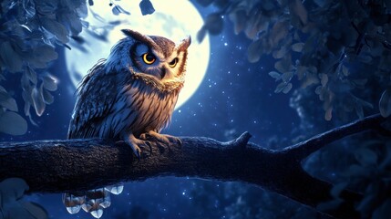 A wise owl perched on a tree branch under the moonlight, steampunk design