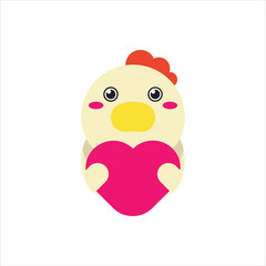 Cute character of chicken holding a heart. Funny chicken and love vector design illustration. 