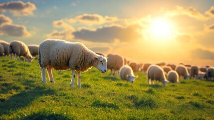 Fototapeta premium Sheep grazing on a green pasture at sunset.