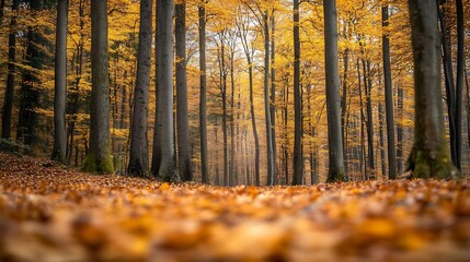 Fototapeta premium Golden Autumn Forest with Tall Trees and Fallen Leaves Creating a Dreamy Woodland Pathway : Generative AI