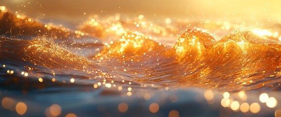 Naklejka premium Golden hour ocean waves with sparkling sunlight reflections.