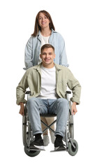 Caregiver with man in wheelchair on white background