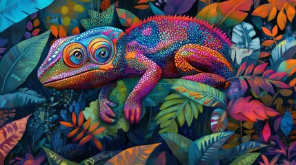A colorful chameleon blending into a psychedelic jungle, surreal style