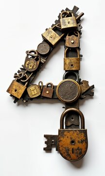 Letter or Number created from antique padlocks and ornate skeleton keys on a white background

