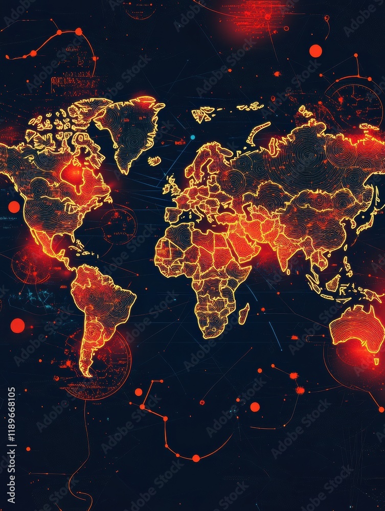 Poster world map illustrating areas affected by epidemic outbreaks around the globe. generative ai