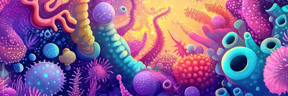 Poster illustration showcasing diverse microscopic microbes in vibrant colors and intricate shapes. generat